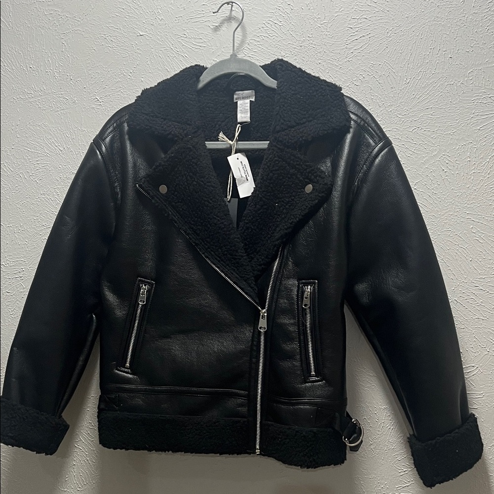 Black Faux Shearling Moto Biker Jacket Cropped Sherpa Lined